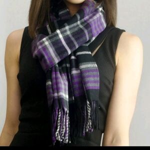 Cashmere Feel Fringed Neck Wrap Scarf Italy Design Purple Plaid Preppy Academia